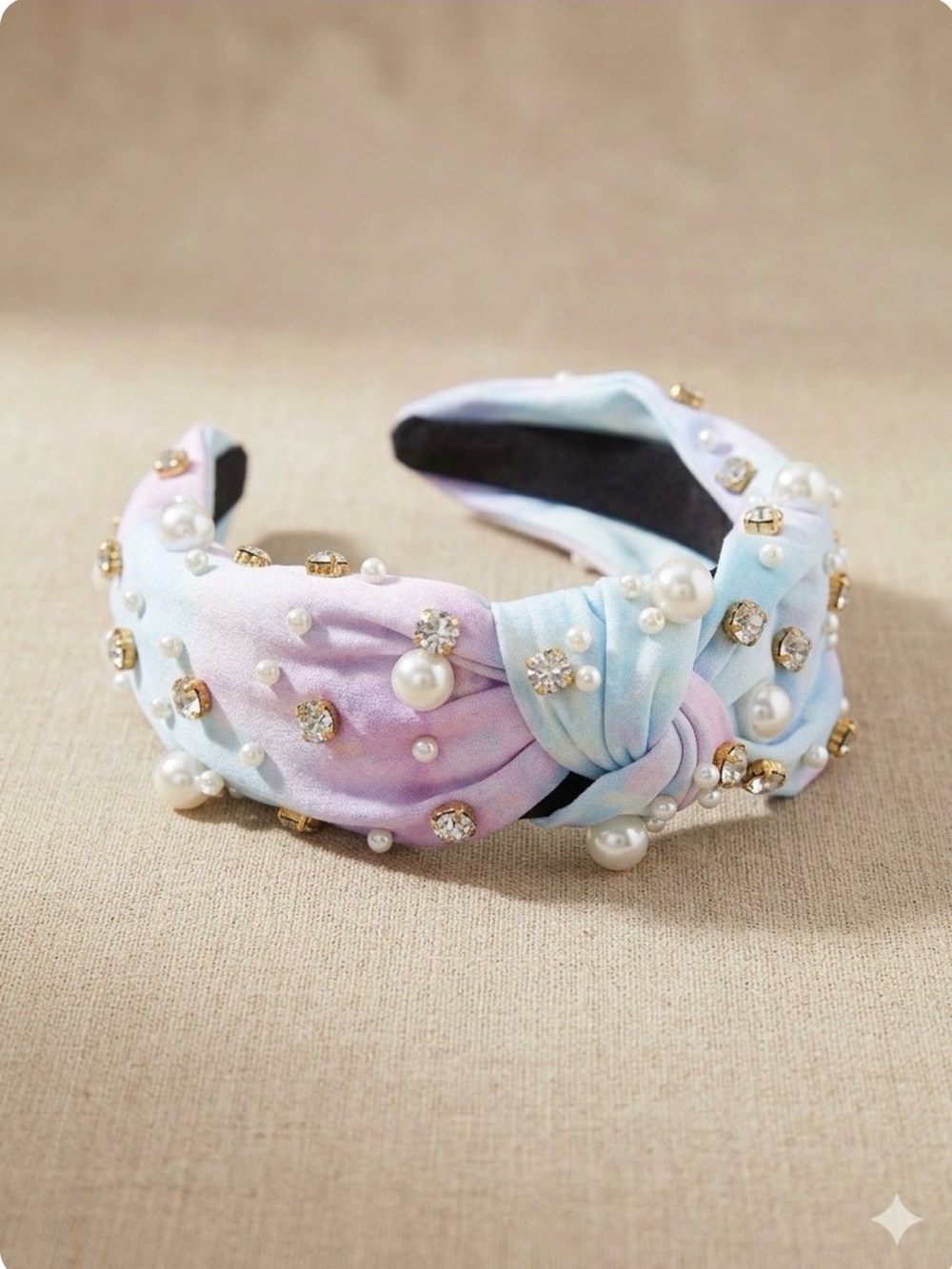 Embellished Tie-Dye Pearl & Crystal Headband - Pastel Pink & Blue